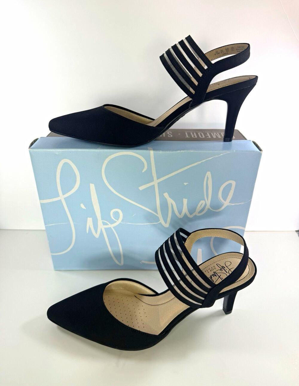 LifeStride Black Pointed Toe Slingback Stiletto Strappy Heels 8.5 M G2790F1001